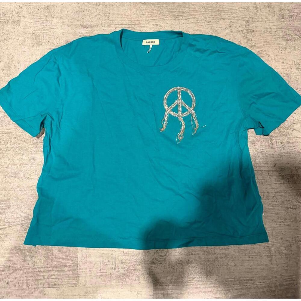 Sandro Women's Teal Green Embellished Peace Sign T-Shirt Size 3/L - Picture 2 of 5